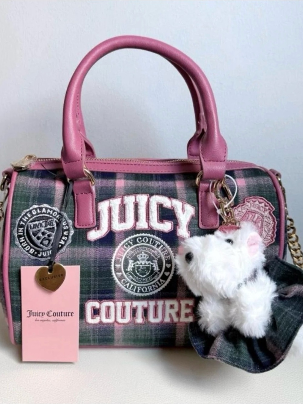 🦩 Juicy Couture Pink Plaid Varsity Satchel Handbag with Plush Charm